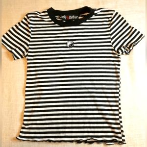 Polly & Esther Black and White Striped Tee with Embroidered Yin Yang Size M